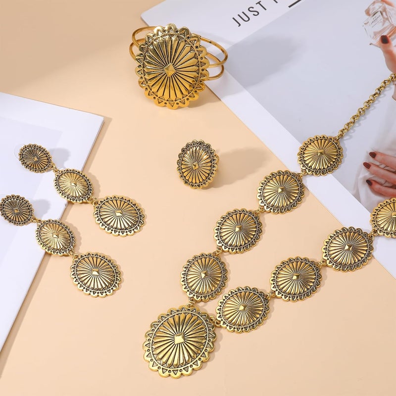 JMScape 4 PCS Western Turquoise Jewelry for Women Boho Vintage Navajo Pearl Necklace Earring Bracelet Ring Set Country Cowgirl Accessories for Gift - Image 3